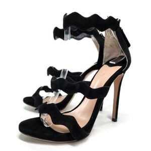 Tony Bianco Astrid Black Kid Suede Scalloped Straps Open-Toe High Heel Sandals